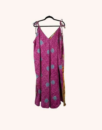 She Lives Beauty Sacred Journey Kantha jumpsuit in pink vintage cotton with adjustable straps and side pockets