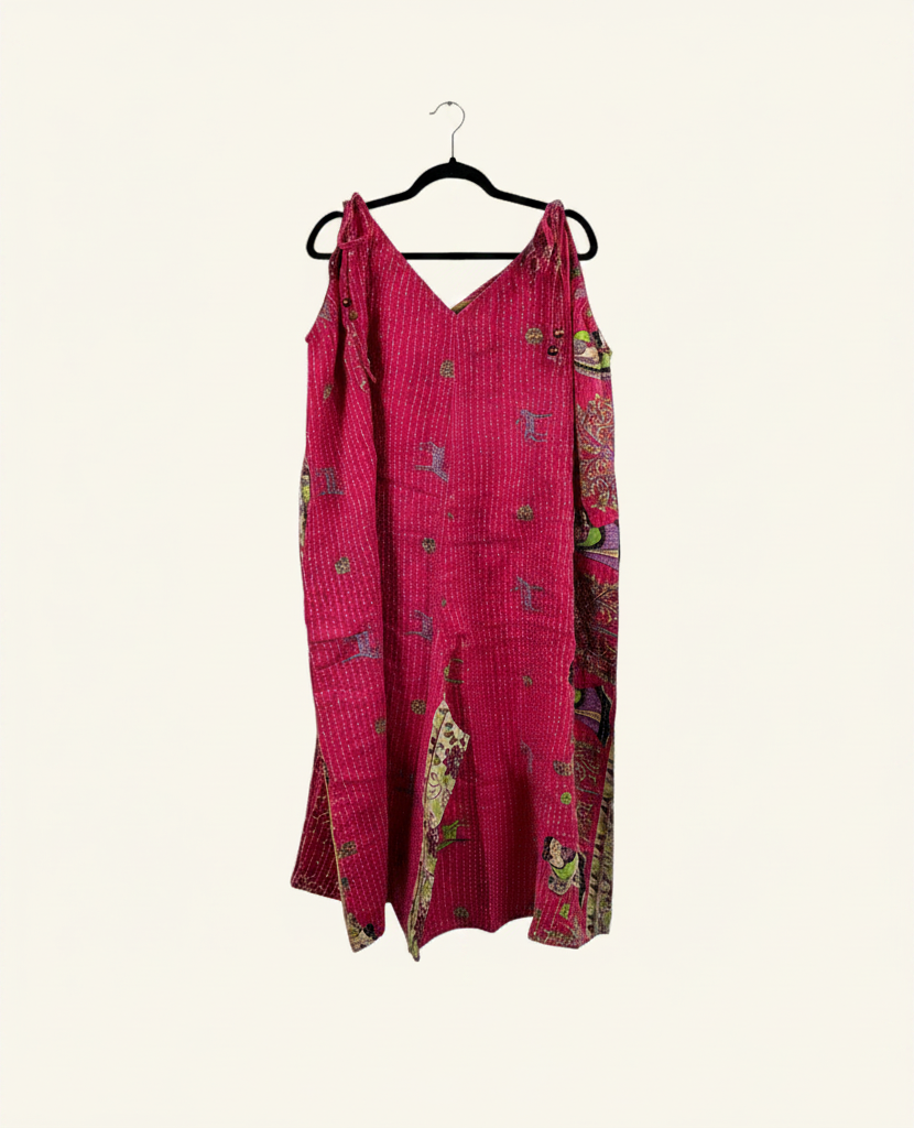 She Lives Beauty Sacred Journey Kantha jumpsuit in vibrant pink vintage cotton with adjustable straps and side pockets.