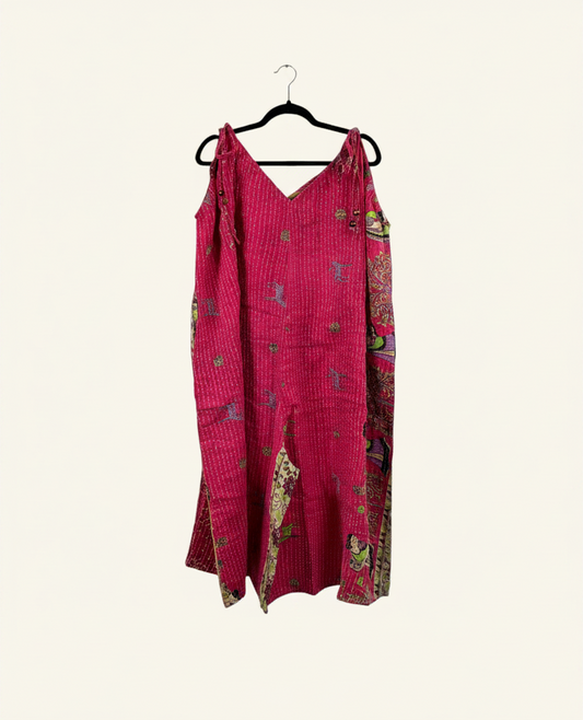 She Lives Beauty Sacred Journey Kantha jumpsuit in vibrant pink vintage cotton with adjustable straps and side pockets.