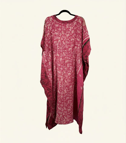 She Lives Beauty Valentina Kantha kaftan dress in vibrant pink vintage cotton with intricate hand-stitched patterns.