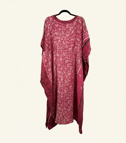 She Lives Beauty Valentina Kantha kaftan dress in vibrant pink vintage cotton with intricate hand-stitched patterns.