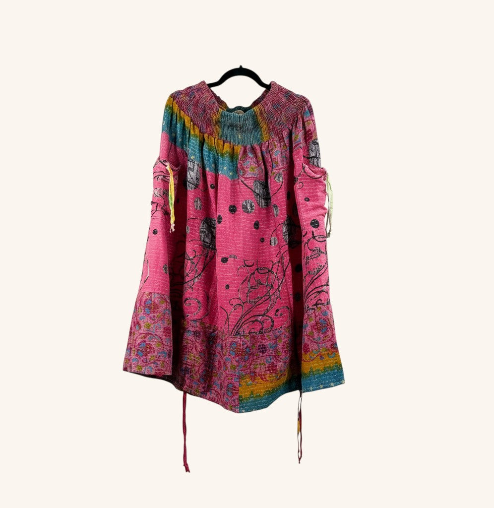 She Lives Beauty Earthbound midi skirt made from vintage pink kantha cotton with adjustable front leg cinches.