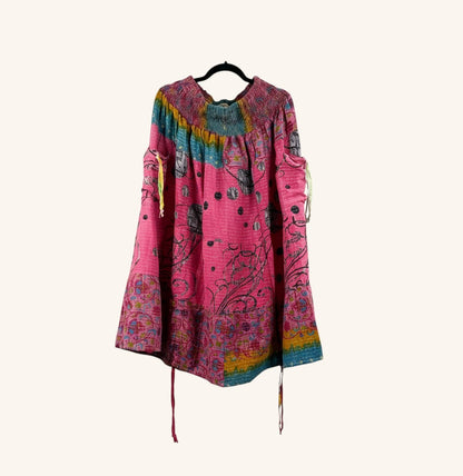 She Lives Beauty Earthbound midi skirt made from vintage pink kantha cotton with adjustable front leg cinches.