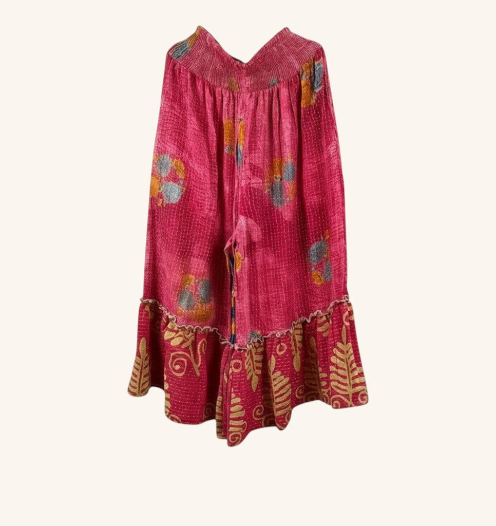 She Lives Beauty Anything for Selenas pants in pink vintage kantha cotton with a statement ruffle hem.