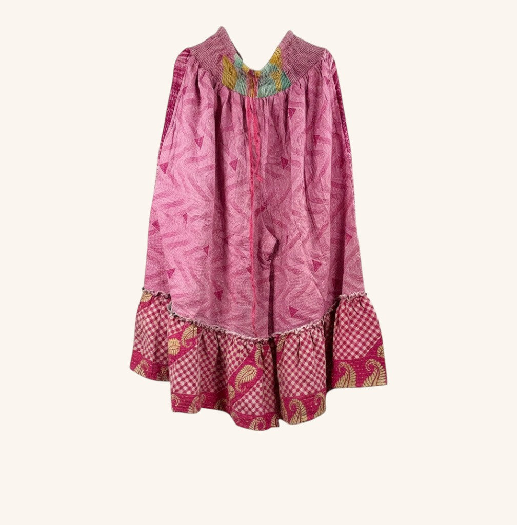 She Lives Beauty Anything for Selenas pink kantha cotton pants with a ruffled hem and elastic waistband.
