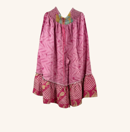 She Lives Beauty Anything for Selenas pink kantha cotton pants with a ruffled hem and elastic waistband.