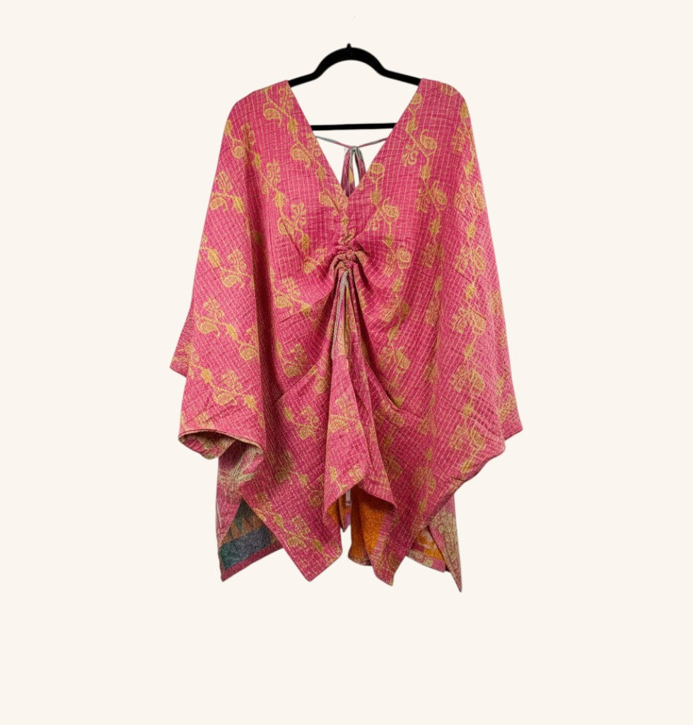 She Lives Beauty Moonflower Oasis Kantha top in pink vintage cotton with yellow floral patterns and a gathered front.