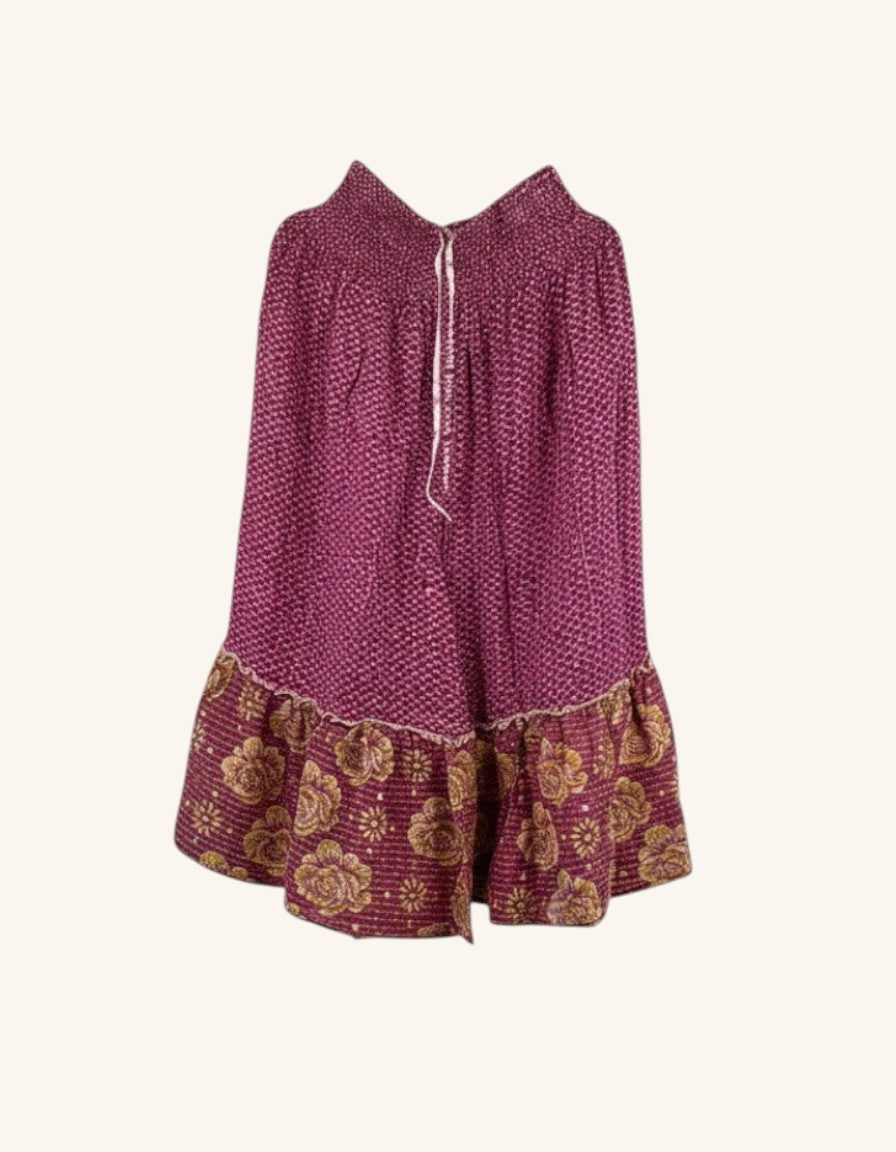 She Lives Beauty Anything for Selenas bloomers in purple vintage kantha cotton with a floral ruffle hem