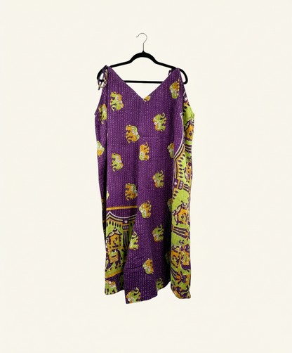 She Lives Beauty Sacred Journey Kantha jumpsuit in purple vintage cotton with yellow and green elephant print