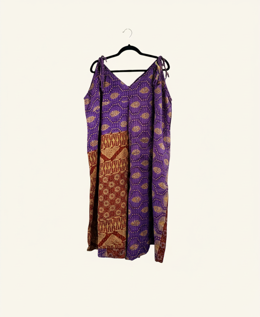 She Lives Beauty Sacred Journey Kantha jumpsuit in purple and rust vintage cotton with adjustable straps and pockets