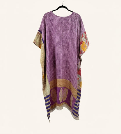 She Lives Beauty reversible hi-low Kantha top in purple vintage cotton with floral patterns and fringe hem