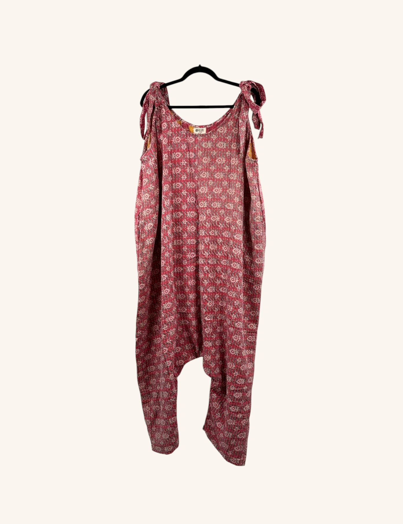 She Lives Beauty Becoming Wild Harem Kantha Jumpsuit in red vintage cotton with intricate white floral patterns
