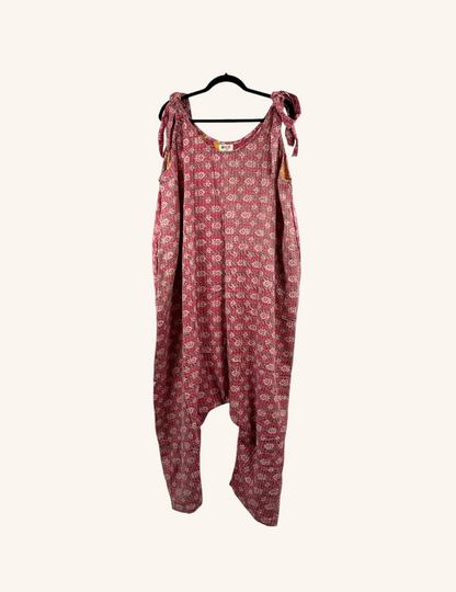 She Lives Beauty Becoming Wild Harem Kantha Jumpsuit in red vintage cotton with intricate white floral patterns