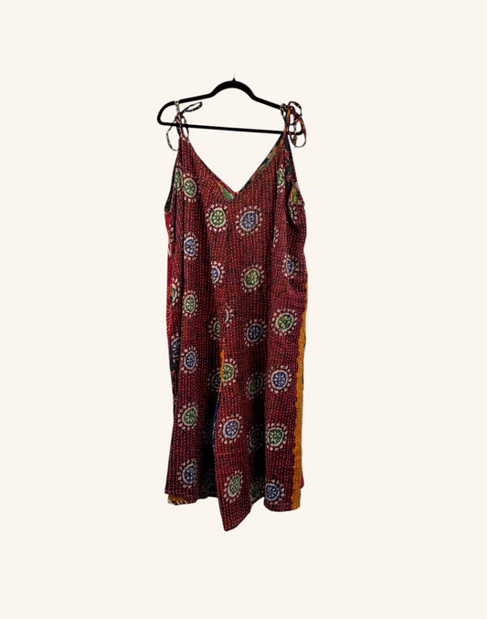 She Lives Beauty Sacred Journey Kantha jumpsuit in red vintage cotton with colorful circular patterns and tie straps