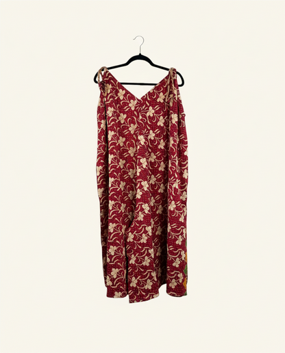 She Lives Beauty Sacred Journey Kantha jumpsuit in red vintage cotton with floral patterns and adjustable straps.