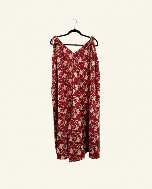 She Lives Beauty Sacred Journey Kantha jumpsuit in red vintage cotton with floral patterns and adjustable straps.