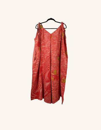 She Lives Beauty Sacred Journey Kantha jumpsuit in red vintage cotton with adjustable straps and side pockets