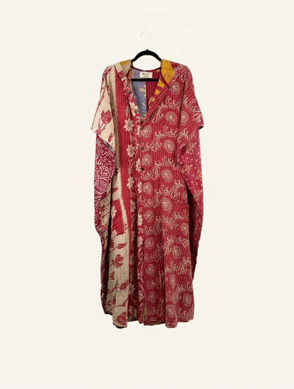 She Lives Beauty Petite Dahlia jumpsuit in red vintage Kantha cotton with intricate floral patterns and button front.