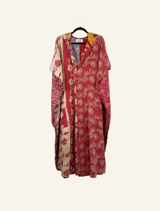 She Lives Beauty Petite Dahlia jumpsuit in red vintage Kantha cotton with intricate floral patterns and button front.