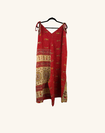 She Lives Beauty Sacred Journey Kantha jumpsuit in red vintage cotton with intricate patterns and adjustable straps