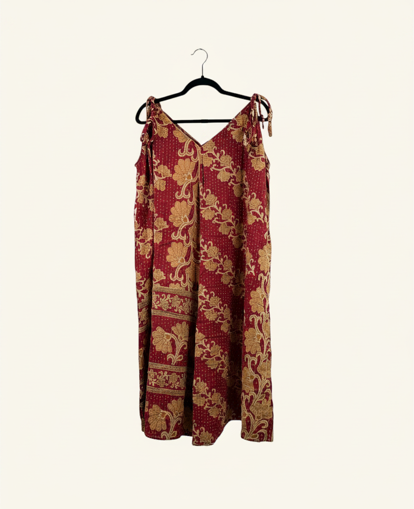 She Lives Beauty Sacred Journey Kantha jumpsuit in red vintage cotton with floral patterns and adjustable straps.
