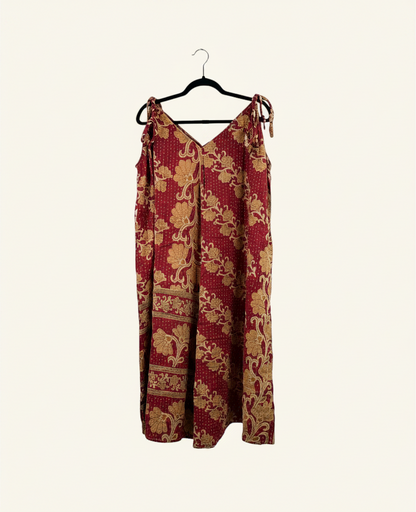 She Lives Beauty Sacred Journey Kantha jumpsuit in red vintage cotton with floral patterns and adjustable straps.