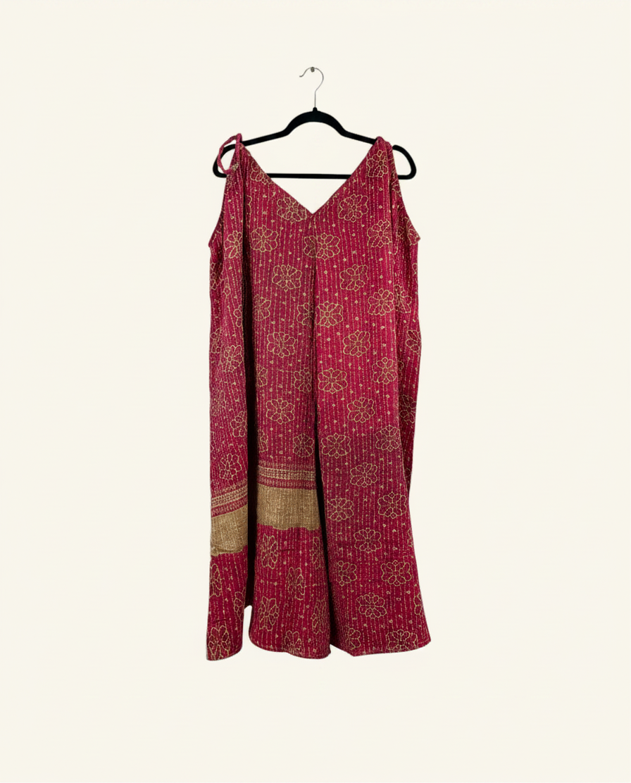 She Lives Beauty Sacred Journey Kantha jumpsuit in red vintage cotton with floral stitching and adjustable straps