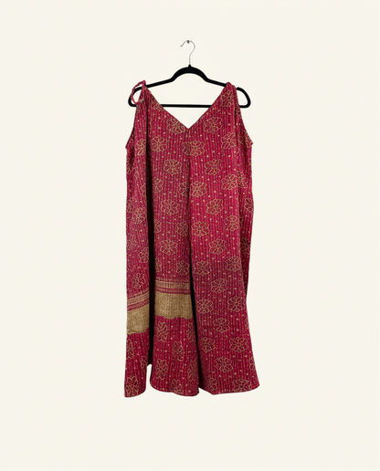 She Lives Beauty Sacred Journey Kantha jumpsuit in red vintage cotton with floral stitching and adjustable straps