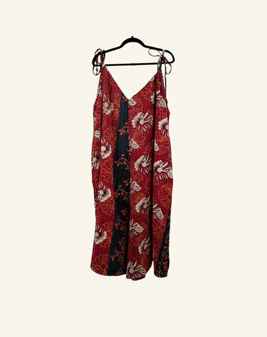 She Lives Beauty Sacred Journey Kantha jumpsuit in red vintage cotton with floral patterns and adjustable straps.