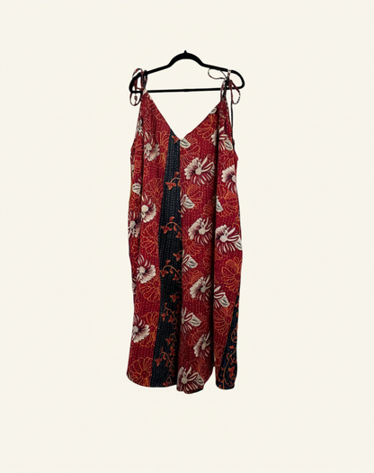 She Lives Beauty Sacred Journey Kantha jumpsuit in red vintage cotton with floral patterns and adjustable straps.
