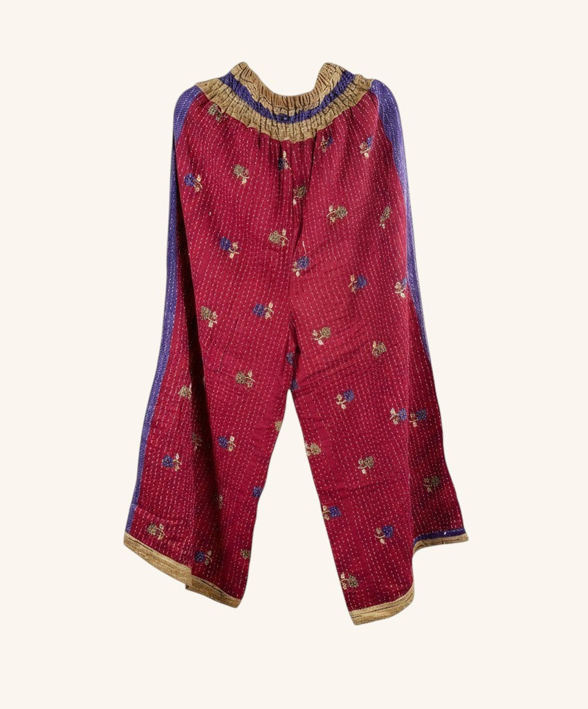 She Lives Beauty Everyday Amaya wide leg pants in red vintage kantha cotton with floral patterns and elastic waist.