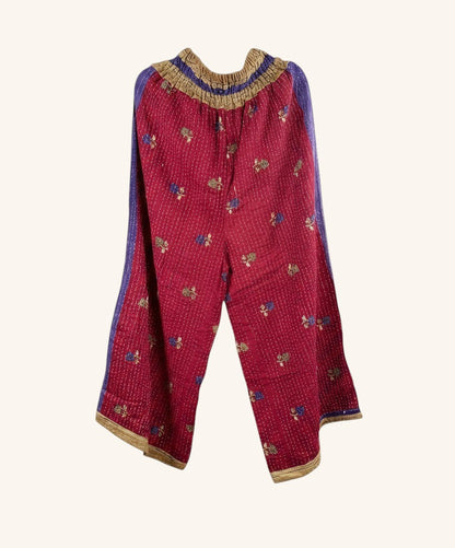 She Lives Beauty Everyday Amaya wide leg pants in red vintage kantha cotton with floral patterns and elastic waist.