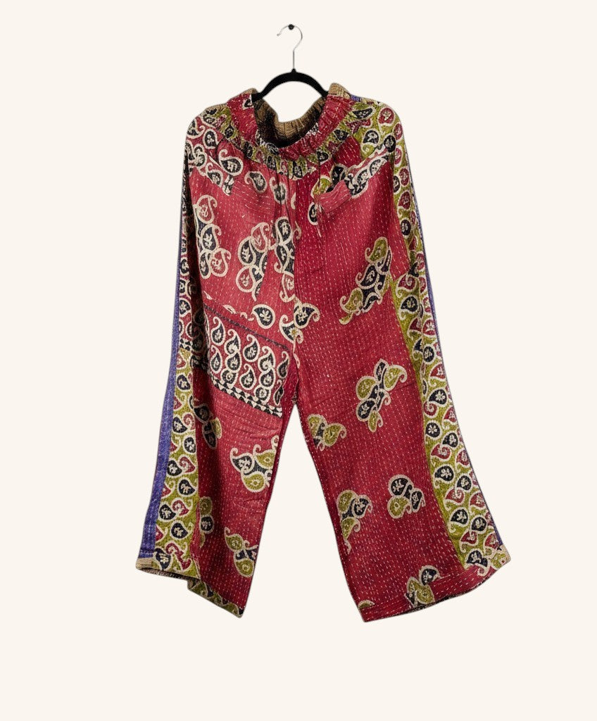 She Lives Beauty wide leg pants in red vintage kantha cotton with intricate patchwork and hand-stitched details.