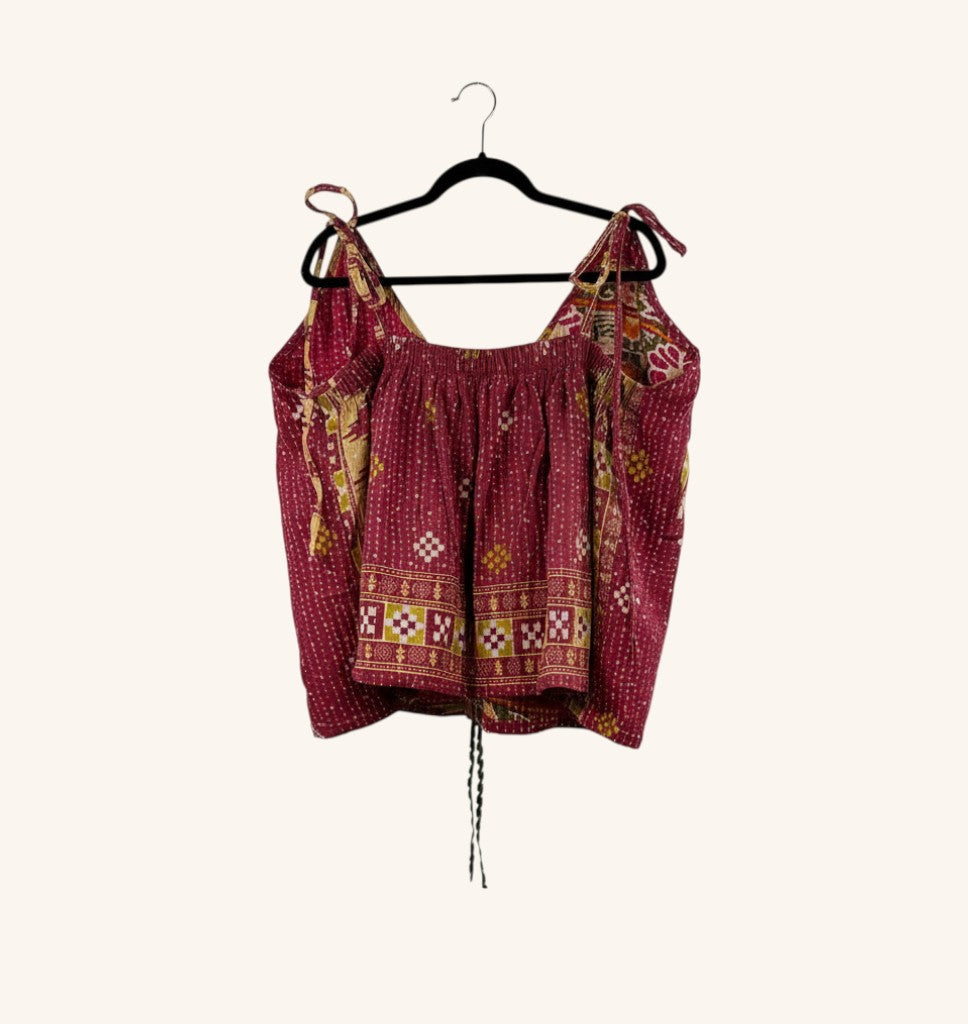 She Lives Beauty Monarch Kantha tank top in deep red vintage cotton with adjustable straps and cinched front detail
