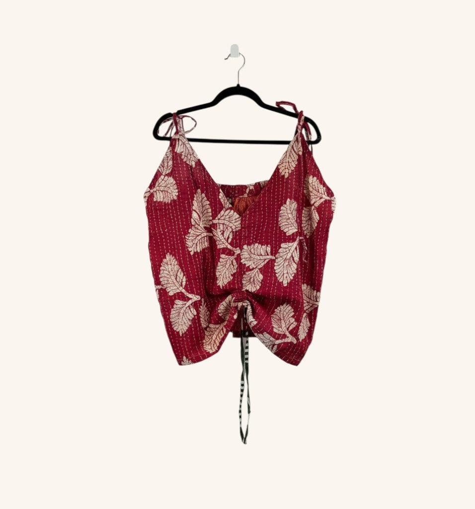 She Lives Beauty Monarch Kantha tank top in red vintage cotton with white leaf print and adjustable cinched front