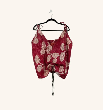 She Lives Beauty Monarch Kantha tank top in red vintage cotton with white leaf print and adjustable cinched front