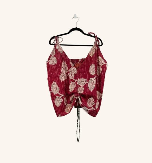 She Lives Beauty Monarch Kantha tank top in red vintage cotton with white leaf print and adjustable cinched front