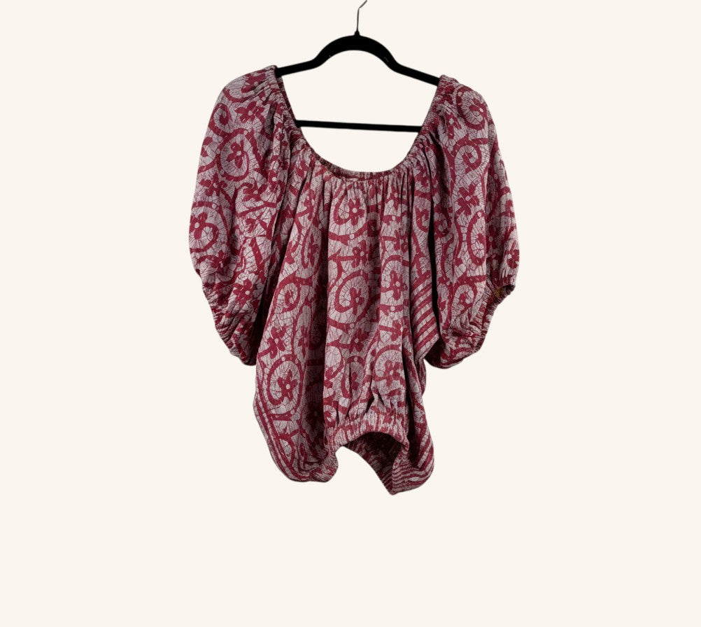 She Lives Beauty Wildflower Bloom Kantha top in red and white vintage cotton with short bubble sleeves.