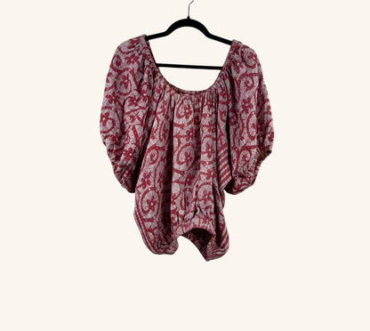 She Lives Beauty Wildflower Bloom Kantha top in red and white vintage cotton with short bubble sleeves.