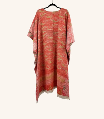 She Lives Beauty La Isla Bonita reversible hi-low top in red vintage Kantha cotton with fringe trim