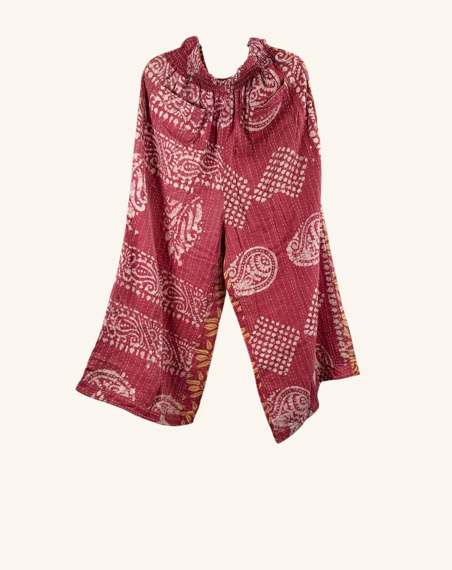 She Lives Beauty red vintage kantha cotton wide leg pants with white paisley and geometric patchwork patterns.