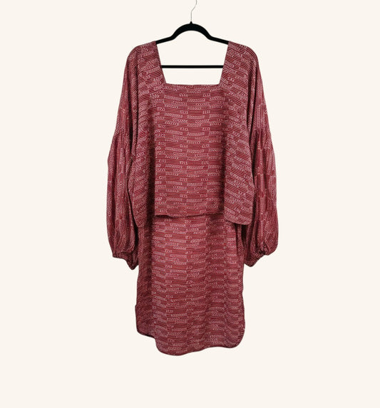 She Lives Beauty Desert Rain silk top in red with kantha stitching, square neckline, and oversized ruffle sleeves.