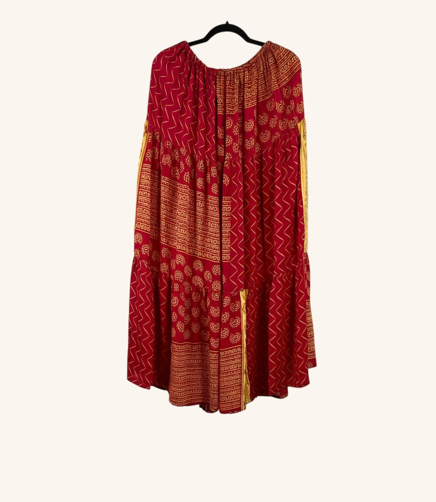 She Lives Beauty Prairie Soul maxi skirt in red and gold vintage kantha stitched rasgulla silk with bohemian patterns.