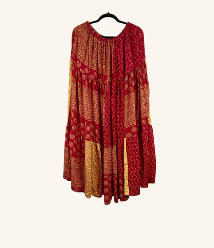 She Lives Beauty Prairie Soul maxi skirt in red and gold vintage kantha stitched rasgulla silk with bohemian prints.