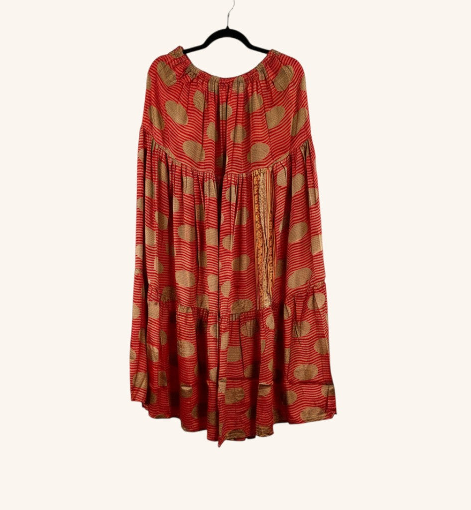 She Lives Beauty Prairie Soul maxi skirt in red and gold vintage Rasgulla silk with kantha stitching and tiered design