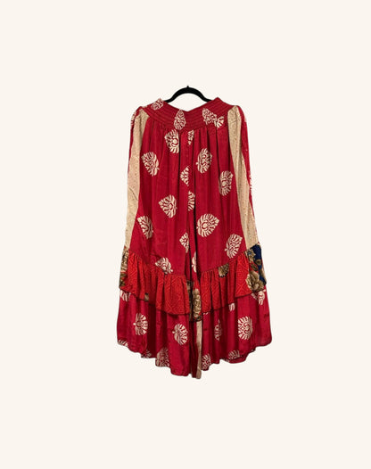 She Lives Beauty Gypsy Moon silk ruffle pants in red with cream leaf patterns and a double-ruffled hem.