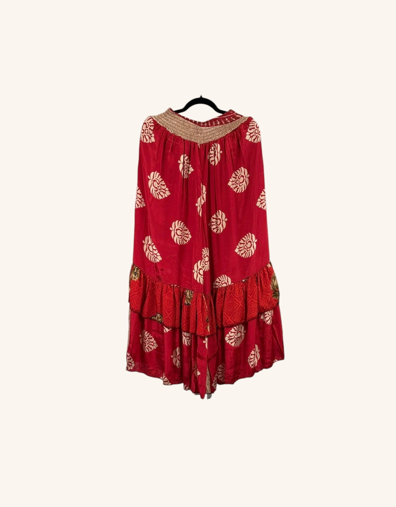 She Lives Beauty Gypsy Moon silk ruffle pants in red with cream leaf patterns and a double ruffled hem.
