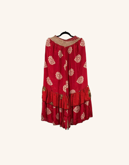 She Lives Beauty Gypsy Moon silk ruffle pants in red with cream leaf patterns and a double ruffled hem.