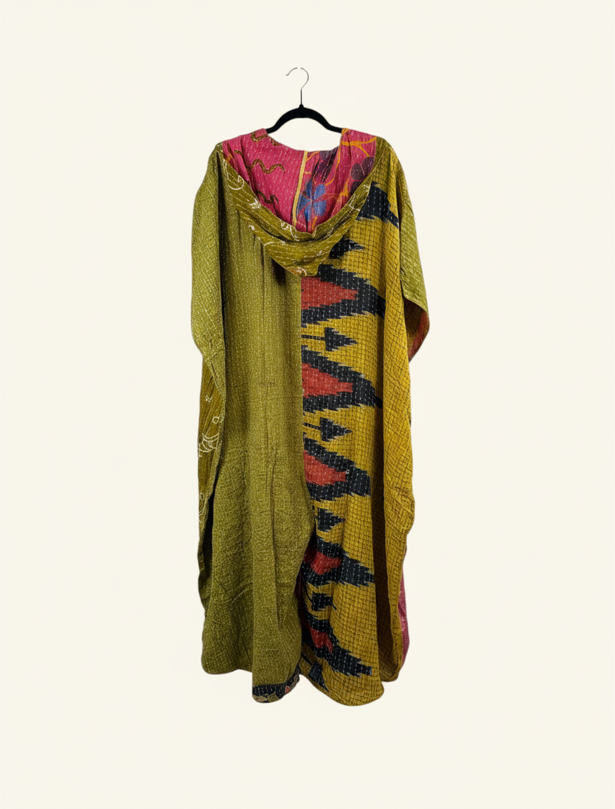 She Lives Beauty reversible petite dahlia jumpsuit made from vintage kantha cotton in olive green and patterned yellow