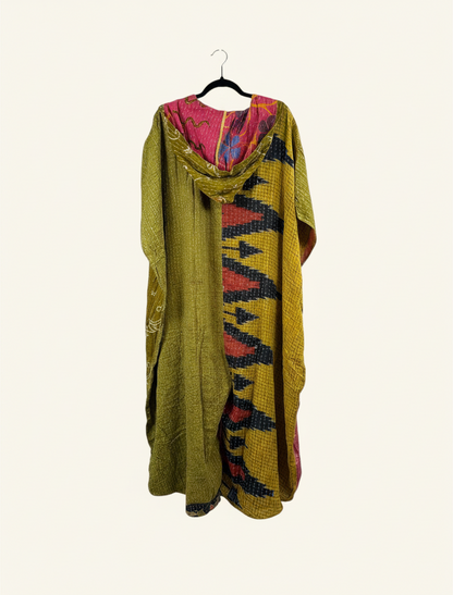 She Lives Beauty reversible petite dahlia jumpsuit made from vintage kantha cotton in olive green and patterned yellow